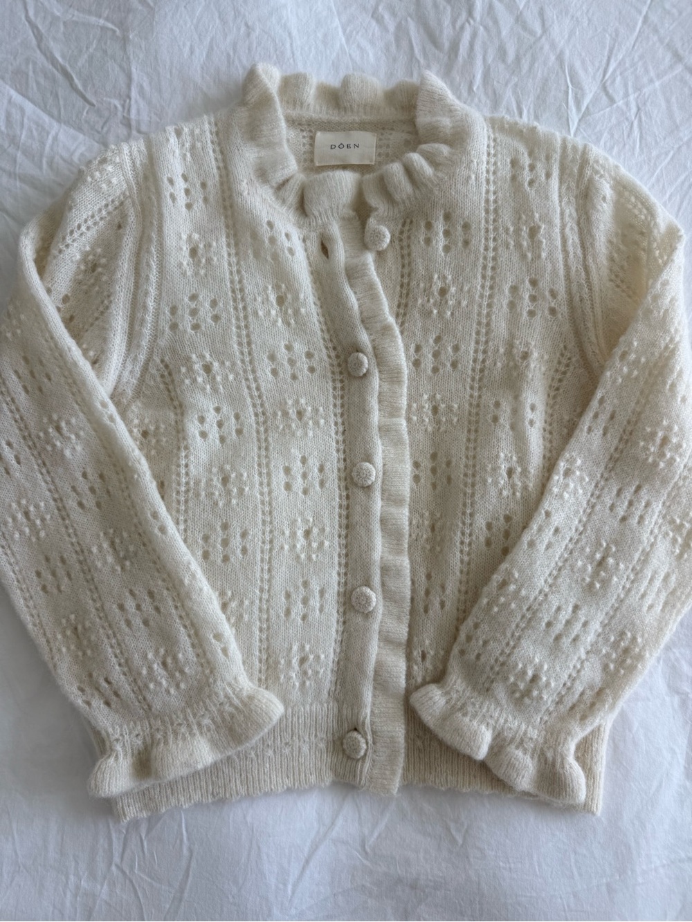 Doen Cream Ruffle-Trim Button-Up Cardigan